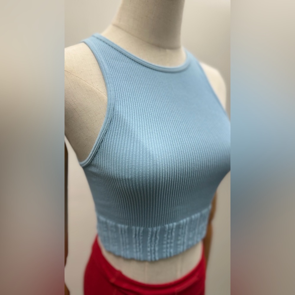 ZARA Blue Ribbed Crop Tank Top Rayon Polyester Spandex XS - Picture 3 of 9